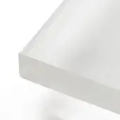 Extra white glass slab, rectangular form, polished edges, translucent surface against a white backdrop, showcasing material clarity.