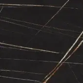Glossy black ceramic texture, KM09 Sahara Noir, features diagonal veins in golden-brown, tan, and white, resembling polished marble formations.