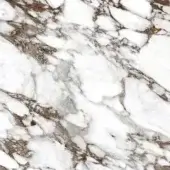 Ceramic texture replicating Breccia 1953 marble, white surface with dense, irregular dark brown veining in swirling patterns, polished glossy finish.