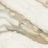 Glossy ceramic surface replicating marble, white with beige, taupe, and gold veining, polished sheen, Cattelan Italia KM19 Borghini Calacatta 2088.