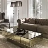 Elegant DV Home Collection Envy drawers coffee table in mirror with stainless steel base and warm golden-brown tone finish