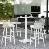 Refined Varaschin Plinto bar table with aluminum base and white HPL top presents a sleek minimalist matte finish