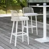 Superior Varaschin Emma stool with matte white metal frame and light neutral woven textile backrest