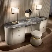 Distinguished DV Home Collection Vogue vanity with multilayer leather, glossy lacquered wood, and polished marble countertop exhibiting dark veining