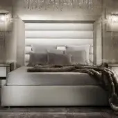 Sophisticated DV Home Collection Adler bed with neutral gray fabric upholstery and subtle silver-toned metallic trim