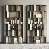 Exceptional Cattelan Italia Nautilus bookcase crafted in embossed lacquered steel with a warm bronze finish and light gray panels
