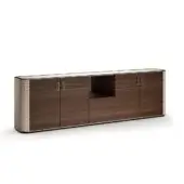 Exceptional Reflex San Marco sideboard with Canaletto Henné wood, quilted leather panels and a marble glass top with satin brass accents