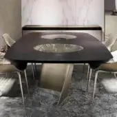 Distinguished Reflex Esse table crafted in Italy with Canaletto walnut wood and satin Titanium finished glass supports
