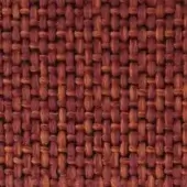 Terracotta and rust woven fabric sample features a dense rectilinear pattern, complex interlacing, and textured surface with integrated text.