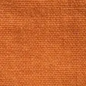 Stone-washed linen fabric sample, warm arancio color, dense weave with horizontal and vertical threads forming a grid pattern.
