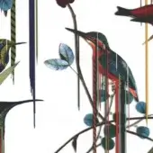 Repeating bird pattern with kingfisher, hummingbirds, leaves, and branches in teal, red, green, and brown with overlaid vertical lines on white.