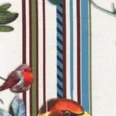 Fabric swatch with bird and fruit illustration, white background, vertical stripes of burgundy, olive, blue, and textured weave.