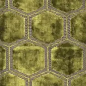 Moss green textile sample with repeating hexagonal pattern, zigzag borders in muted yellow and dark gray, woven texture.