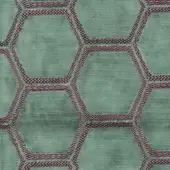 Repeating hexagonal textile, pale jade green and burgundy, woven cord trim, mottled linen-like background, durable upholstery fabric.