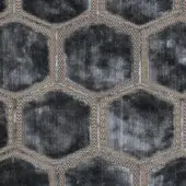 Geometric textile sample with repeating graphite hexagons, outlined in tan and gray woven zigzag, creating a dense, muted fabric pattern.