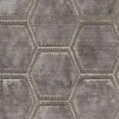 Dove gray textile sample with repeating hexagonal pattern, featuring textured fabric and zigzag trim edges, mottled finish.