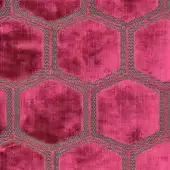 Fuchsia velvet hexagon textile with metallic gray herringbone borders, repeating grid pattern, dense woven fabric sample for upholstery.