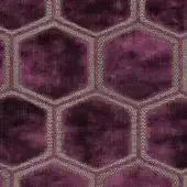 Damson purple hexagonal textile pattern with mottled texture, framed by woven beige and grey striped borders, studio lighting.