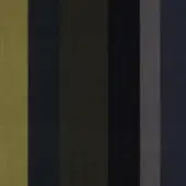 Textile sample with six vertical stripes in golden yellow, charcoal gray, olive green, black, gray, and cobalt blue, woven texture.