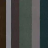 Fabric swatch with six vertical stripes: brown velvet, white woven, aubergine velvet, celadon textured, mauve brushed, and dark teal napped.