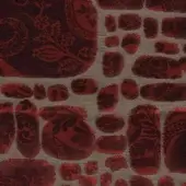 Le Pas des Anges fabric sample, dark red and burgundy floral pattern on light beige, plush velvet texture with overlapping organic shapes.