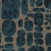 Textile sample, “le pas des anges” fabric in etoupe, displays repeating teal oval shapes with dense floral damask patterns and a plush texture.