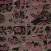 Floral fabric sample, dusty rose and black, with swirling foliage on muted olive green velvet, showcasing baroque-inspired pattern detail.