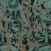 Teal fabric swatch with repeating oval and rectangular shapes, featuring dark green stylized foliage patterns on a taupe background, textured weave.