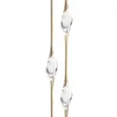 Floor lamp, brass finish, champagne color, with three clear glass teardrop shapes suspended along a flared, slender stem.