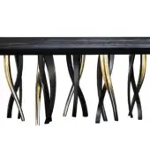 Il pezzo table, black oak tabletop, six sculptural legs with interwoven black and gold metal X-shaped bases, glossy polished finish.