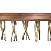 Walnut table with dark brown resin inlay, supported by six twisted brushed silver and gold-toned metal legs in asymmetrical X-base design.