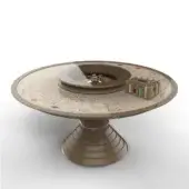 Superior Vismara Convivium roulette table with lacquered glass top and striking rings base in warm brown wood with satin finish