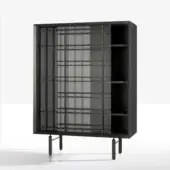 Refined Potocco Sen cupboard with ash container and crossed grid detailing in matte dark gray wood with bronzed glass doors