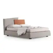 Superior Presotto Meeting Up bed with deconstructed trapezoidal headboard upholstered in matte light gray fabric and contrasting orange panel