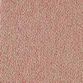 Woven textile with repeating red circular pattern on off-white, dense granular texture, uniform tight weave, durable fabric sample.