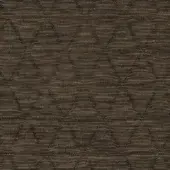 Geometric fabric sample, dark brown and copper, features repeating triangular pattern with woven texture and metallic sheen from Lacividina collection.