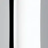 Minimalist composition of white, light gray, and dark gray rectangular panels with black stripe; text indicates polished chrome materials.