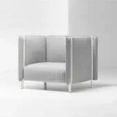 Sophisticated LaCividina Pinch Lounge Chair with light gray textured textile and satin-finish metal perimeter