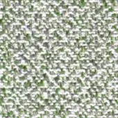 Woven fabric sample, white and light green, speckled texture with gray threads, dense irregular weave, slightly raised nubby surface.