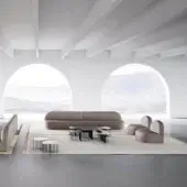 Sophisticated LaCividina Guest sofa with low curved silhouette and smooth warm beige-grey textile upholstery