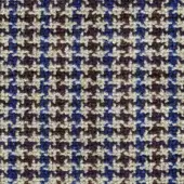 Beige, blue, and brown woven fabric sample with a nubby texture and irregular star-shaped motifs; textile identification text visible.