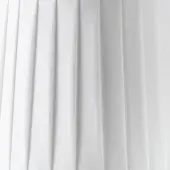 Pleated fabric, white woven textile, consistent vertical pleats create a ribbed texture with a subtle sheen against a light gray background.