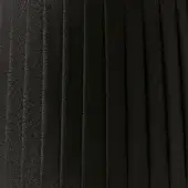Pleated fabric, black woven material, consistent vertical pleats create a linear texture, matte finish, diffused lighting, solid black background.