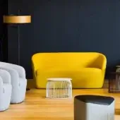Distinguished LaCividina Dep sofa with soft lines upholstered in vibrant yellow textile fabric and smooth finish