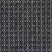 Black and white textile sample with dense, repeating floral-geometric motifs in a tight jacquard weave, creating a textured, interwoven pattern.