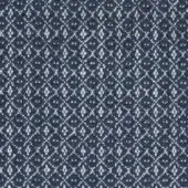 Navy geometric fabric sample with repeating diamond motifs in off-white, featuring a textured weave and heathered yarn blend, Porada collection.