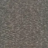 Woven fabric sample, muted gray with heathered texture, featuring beige and charcoal threads in a grid pattern, slightly raised nubby surface.