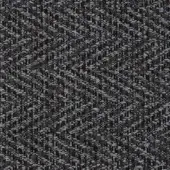 Charcoal gray woven fabric sample displays a dense, irregular herringbone pattern with a slightly nubby texture; part of Porada’s ikat collection.