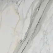 Calacatta Oro marble texture with white base and diagonal gold and gray veins, polished surface displaying a fine-grained, luminous pattern.
