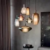 Superior Penta MoM suspension lamp in translucent amber borosilicate glass and metal with satin finish